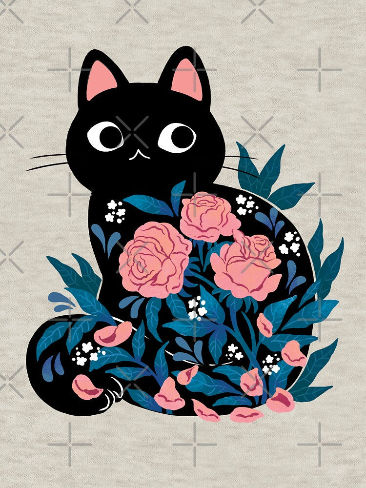 Black cat in Prink Roses by michelledraws Unisex , , , Long Sleeve Tee
