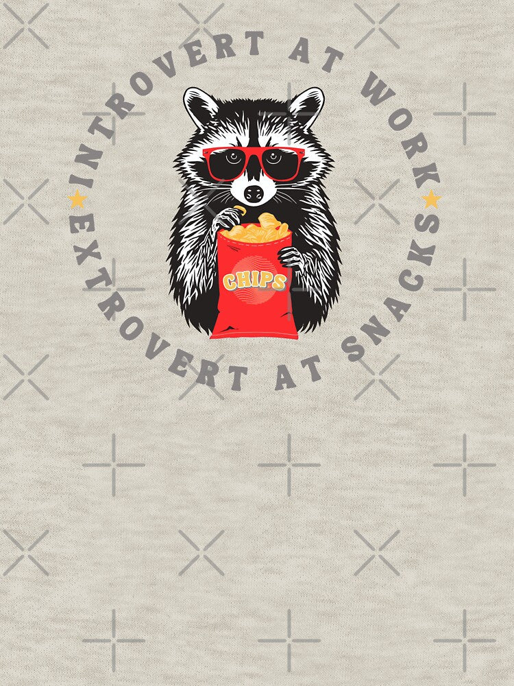 Introvert at Work Extrovert at Snacks, Raccoon and Chips by Shedronpanda Unisex , , , Long Sleeve Tee