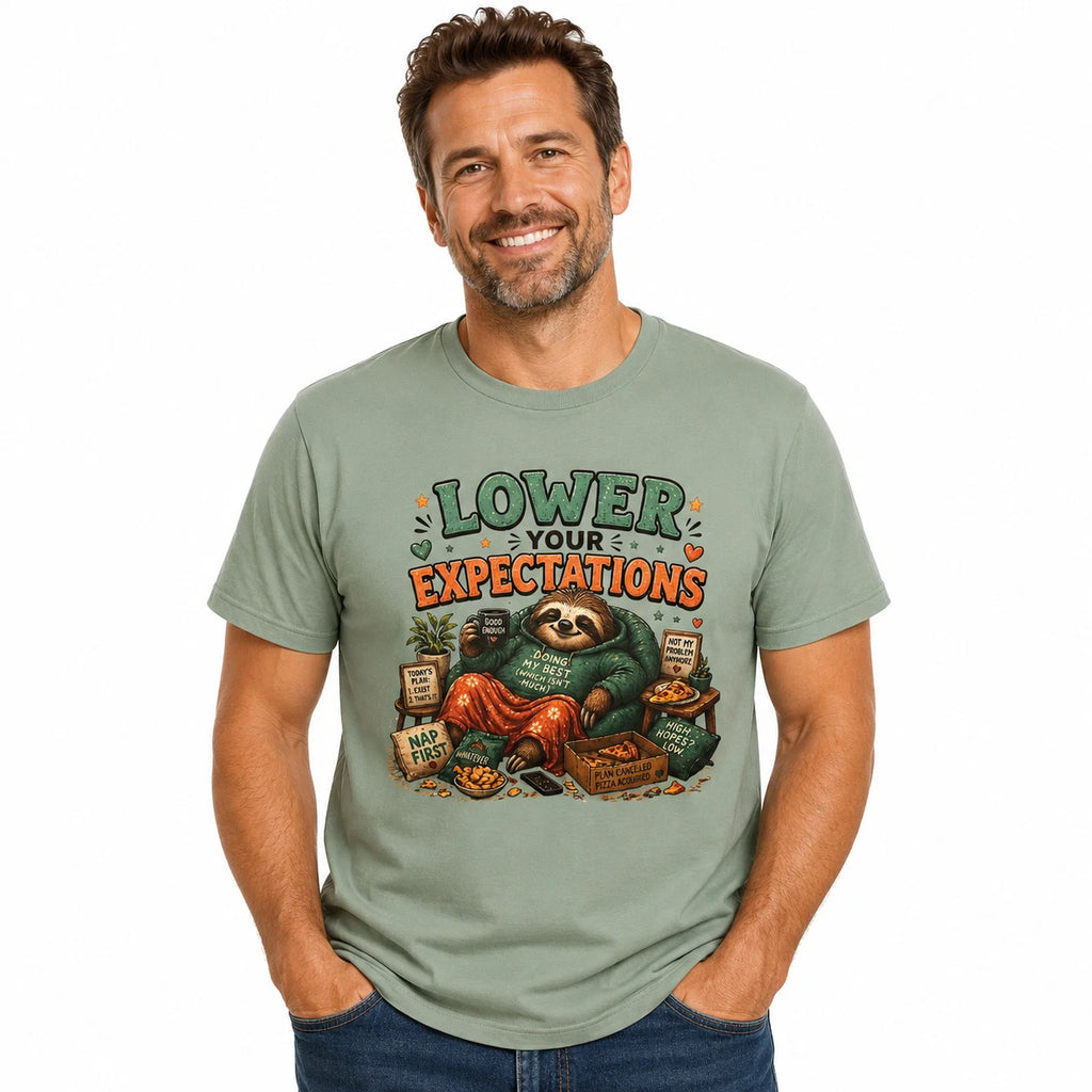 Lower Your Expectations Sloth T-Shirt Funny Lazy Sloth Graphic Tee Unisex Gift