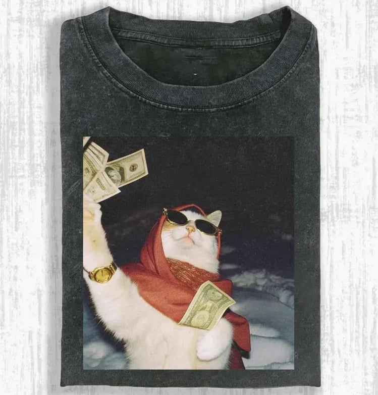 Funny Rich Cat Meme Shirt, Cool Cat With Money Graphic Tee, Money