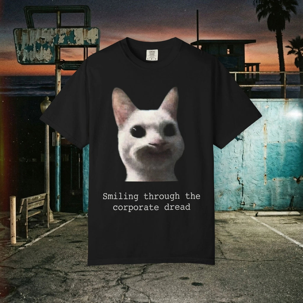 Smiling Through The Corporate Dread Funny White Cat Meme Unisex T-Shirt