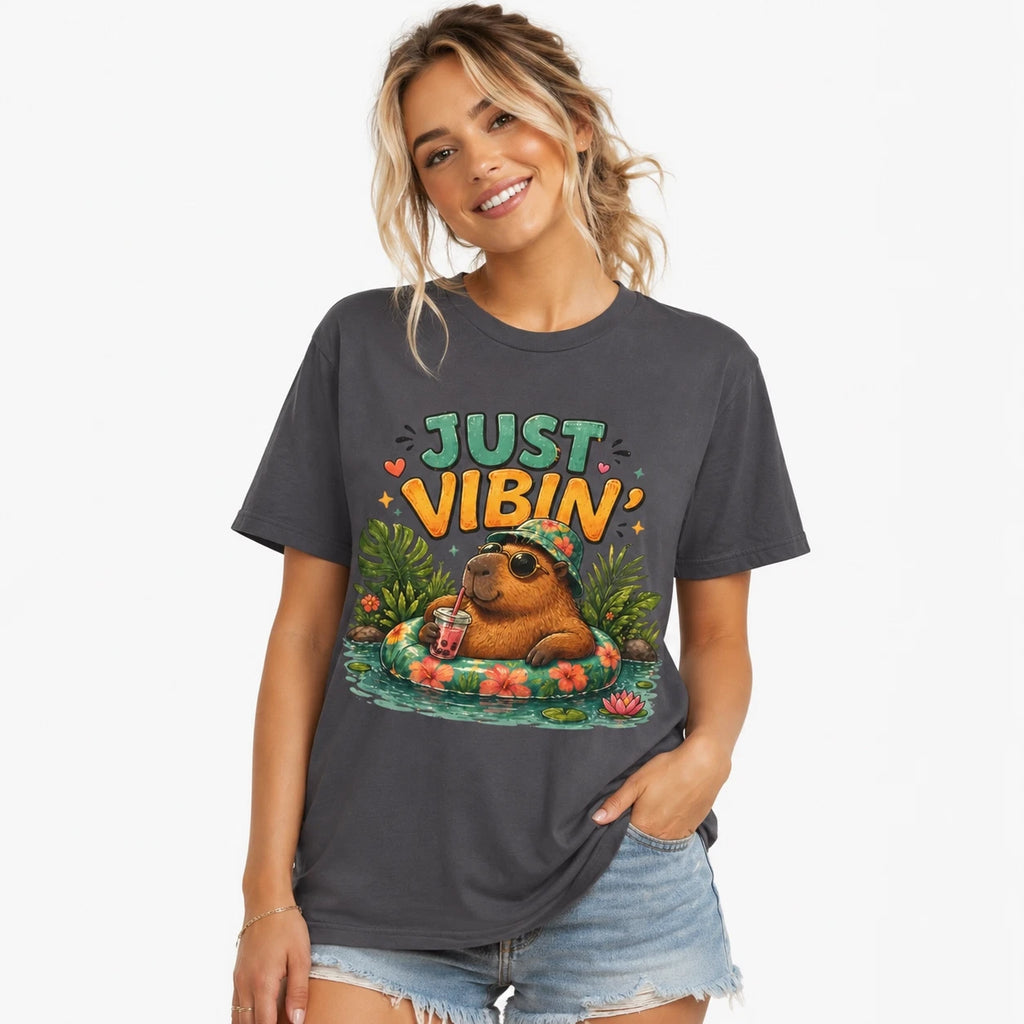 Just Vibin Capybara T-Shirt Tropical Funny Tee Lazy Animal Graphic Unisex Gift