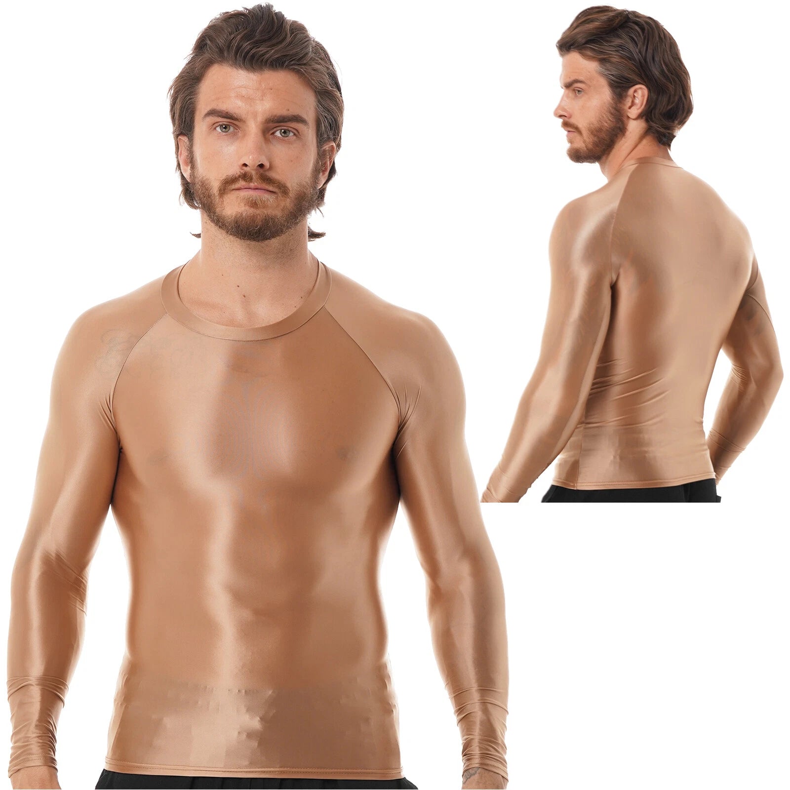 Freebily AU Mens Glossy Long Sleeve T-shirts Slim Fit Breathable Tops Yoga