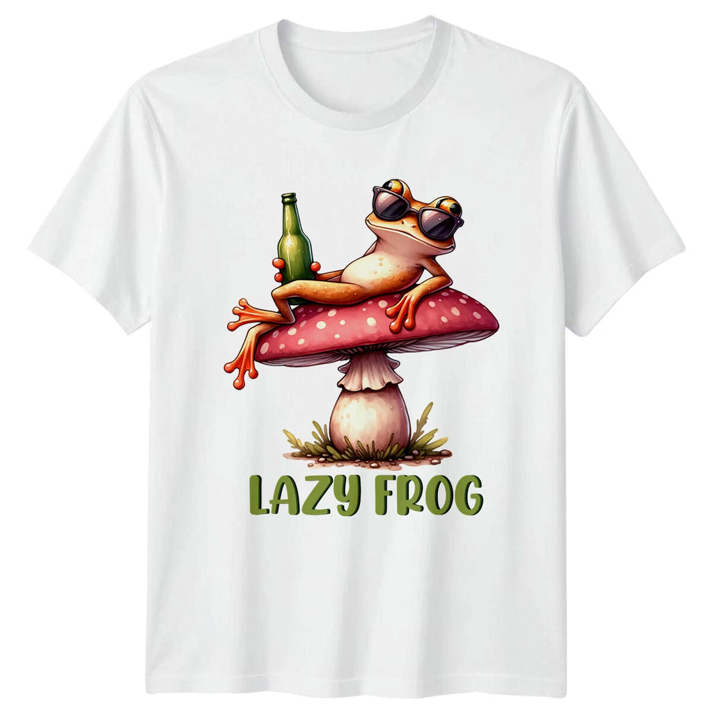 Funny Lazy Frog On Mushroom With Beer Sunglasses Graphic T-Shirt