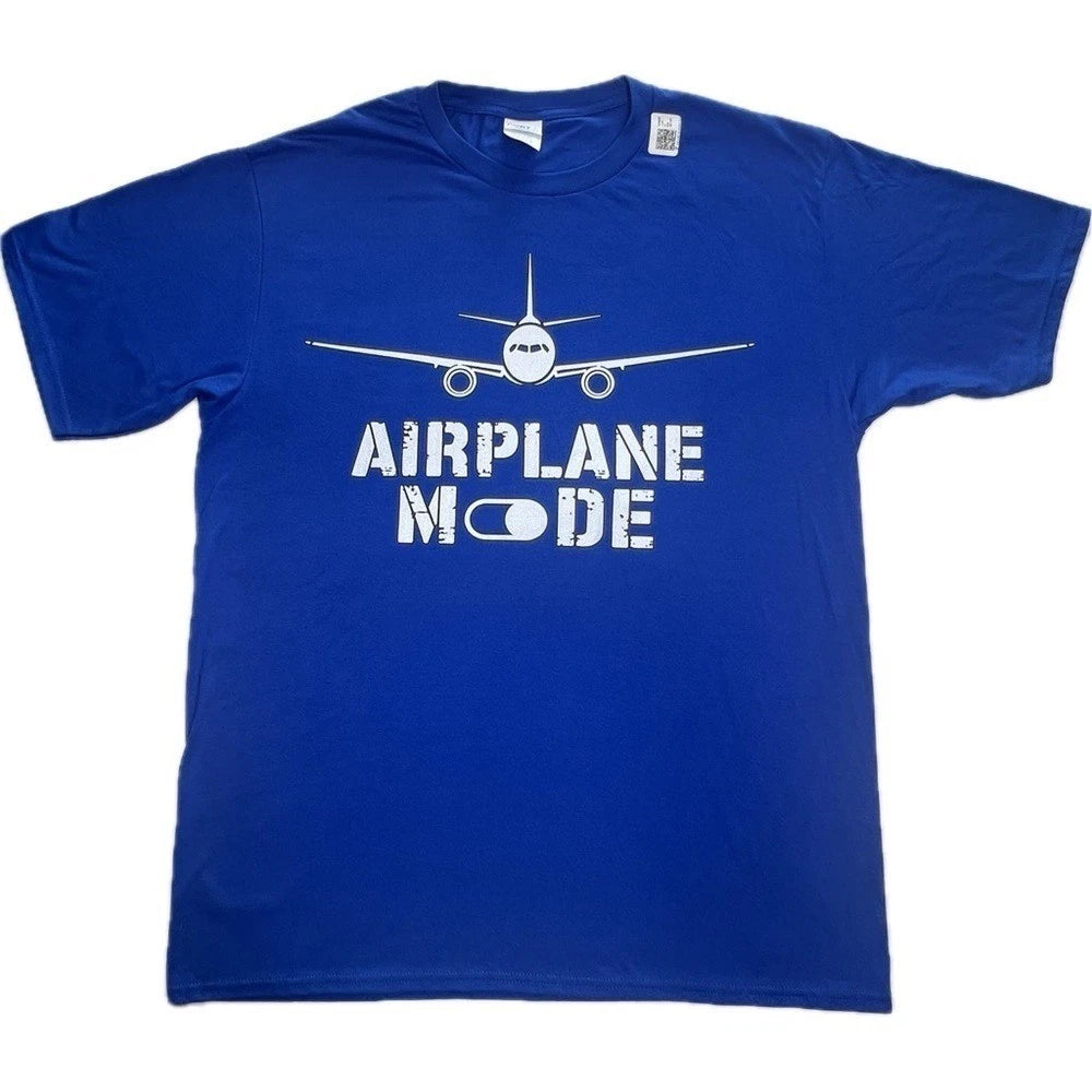 AIRPLANE MODE T-shirt Aviation Plane Graphic Tee Blue White Large Port & Company