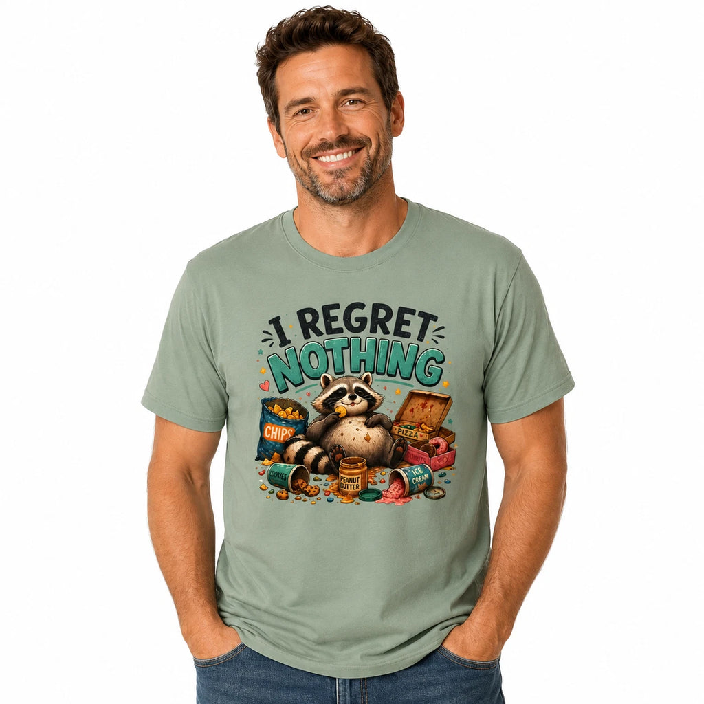 I Regret Nothing Raccoon T-Shirt Funny Snack Lover Graphic Tee Unisex Gift Shirt