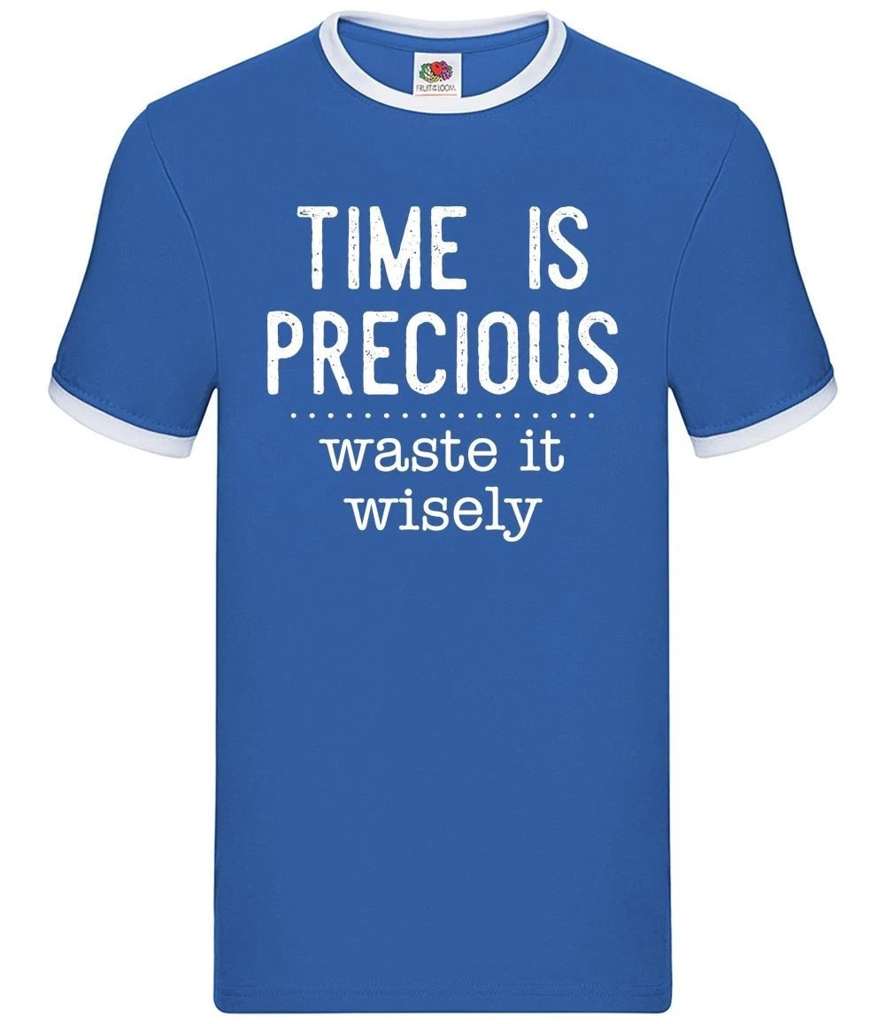 Time Is Precious, Waste It Wisely - Mens Ringer - Funny Slogan Gift Lazy