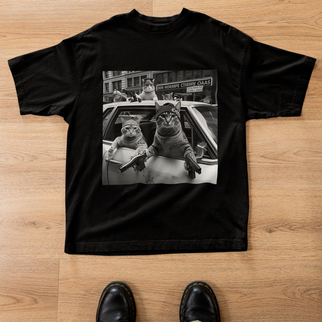 Funny Gangster Cat Graphic T-Shirt Streetwear Meme Cat Unisex Teeb