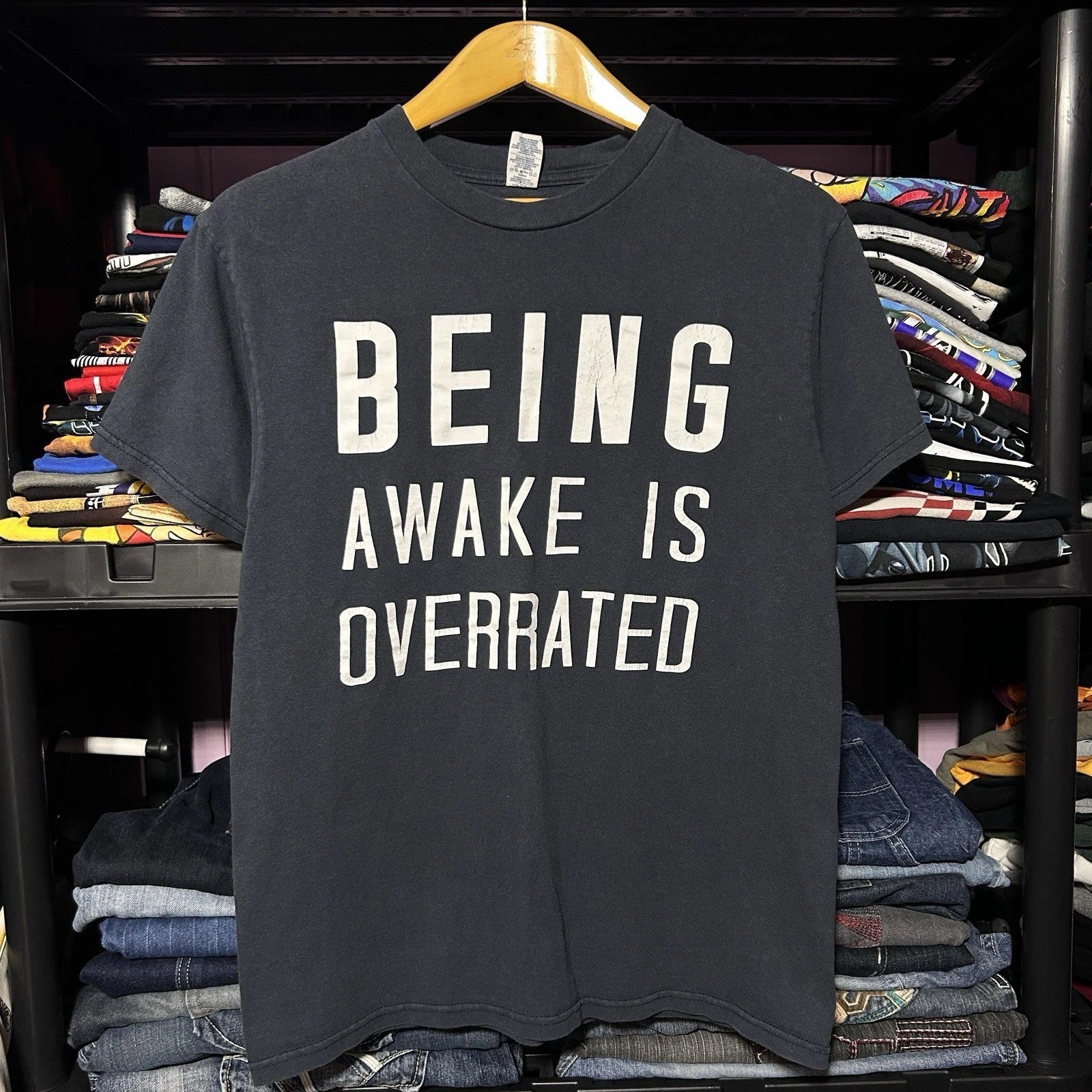 Vintage Y2K Lazy Humor Being Awake Is Overrated Faded T-Shirt Size M