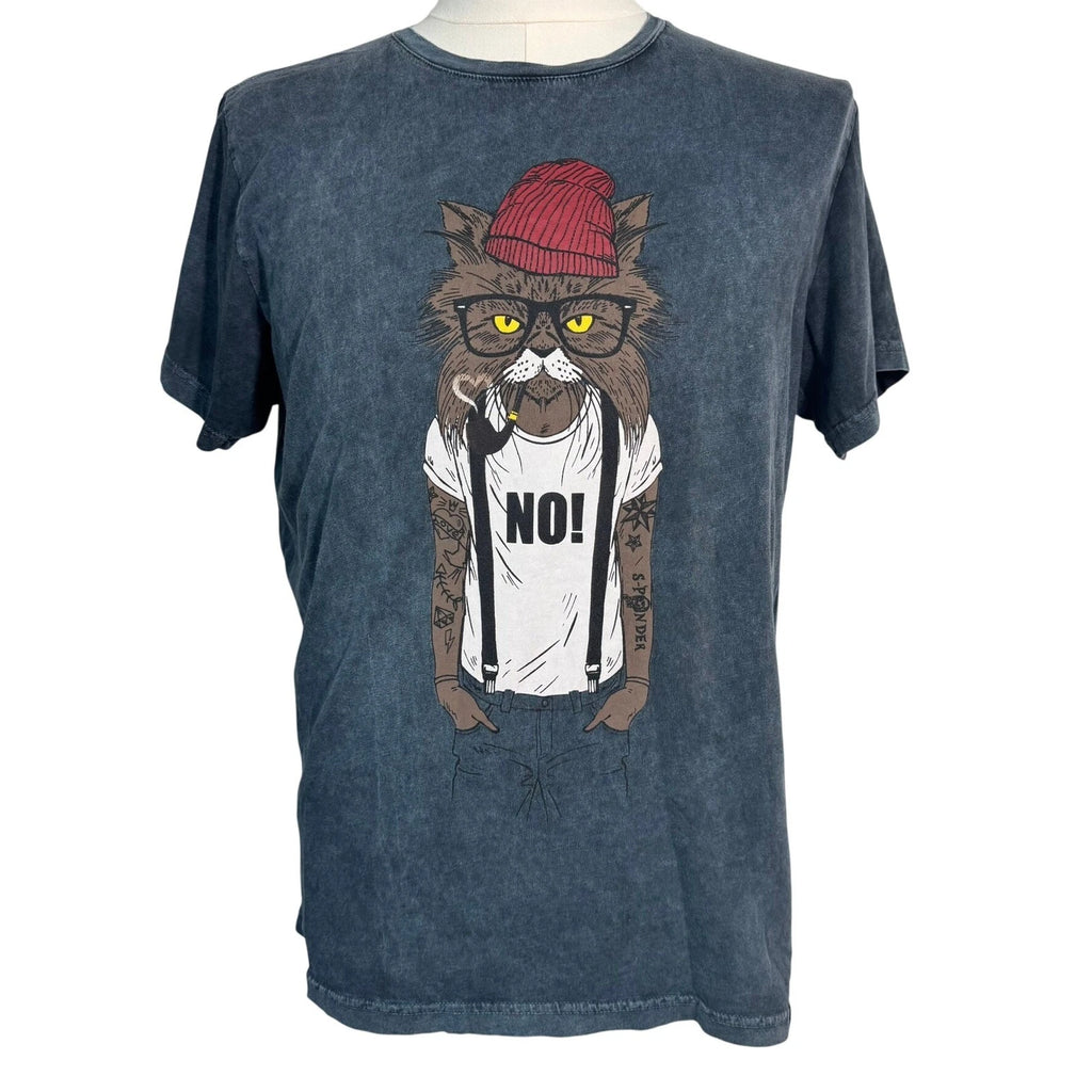 S-PONDER Men's Large Hipster Cat "No" Blue Gray Stone Washed Graphic Tee Shirt