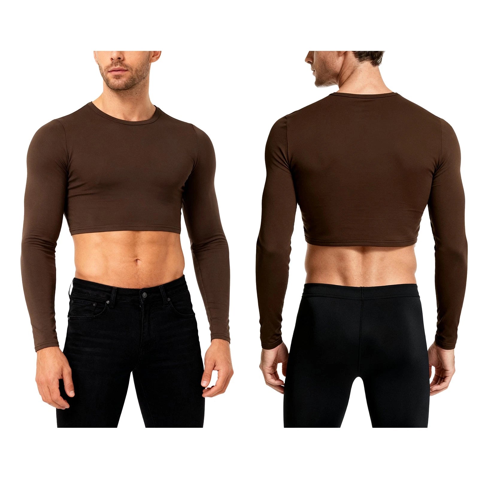 Men's Solid Color Basic Cropped Tops Workout Long Sleeve T-Shirts Pullover