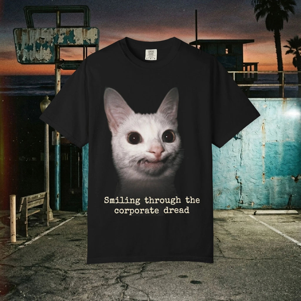 Smiling Through The Corporate Dread Funny White Cat Unisex T-Shirt