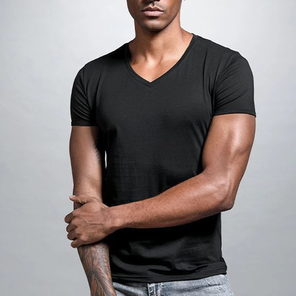 Coffee Color Man T Shirt Low Cut V Neck Comfortable Short Sleeve Pullover