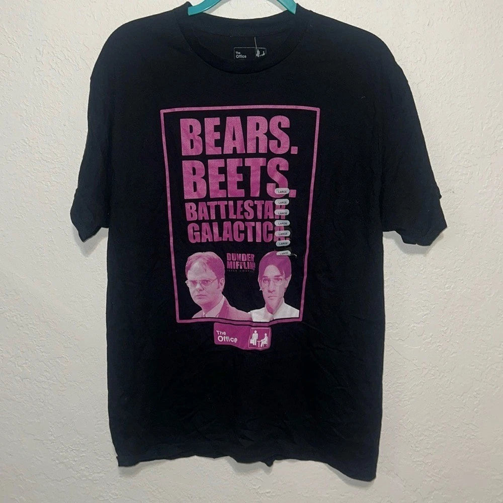 The Office Bears Beets Battlestar Galactica T-Shirt Mens Large Black Pink Dwight