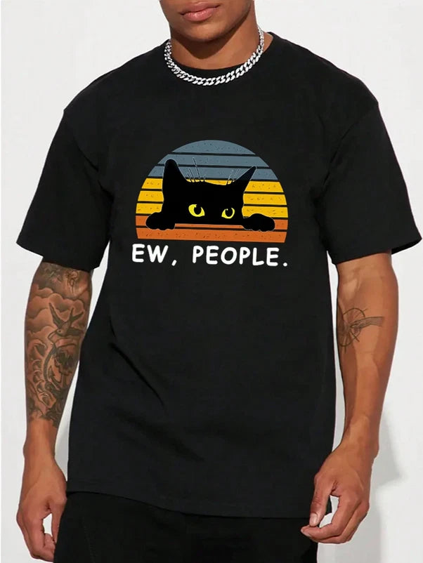 Mens Ew People Cat T-Shirt Funny Black Cat Retro Sunset Graphic Short Sleeve Tee