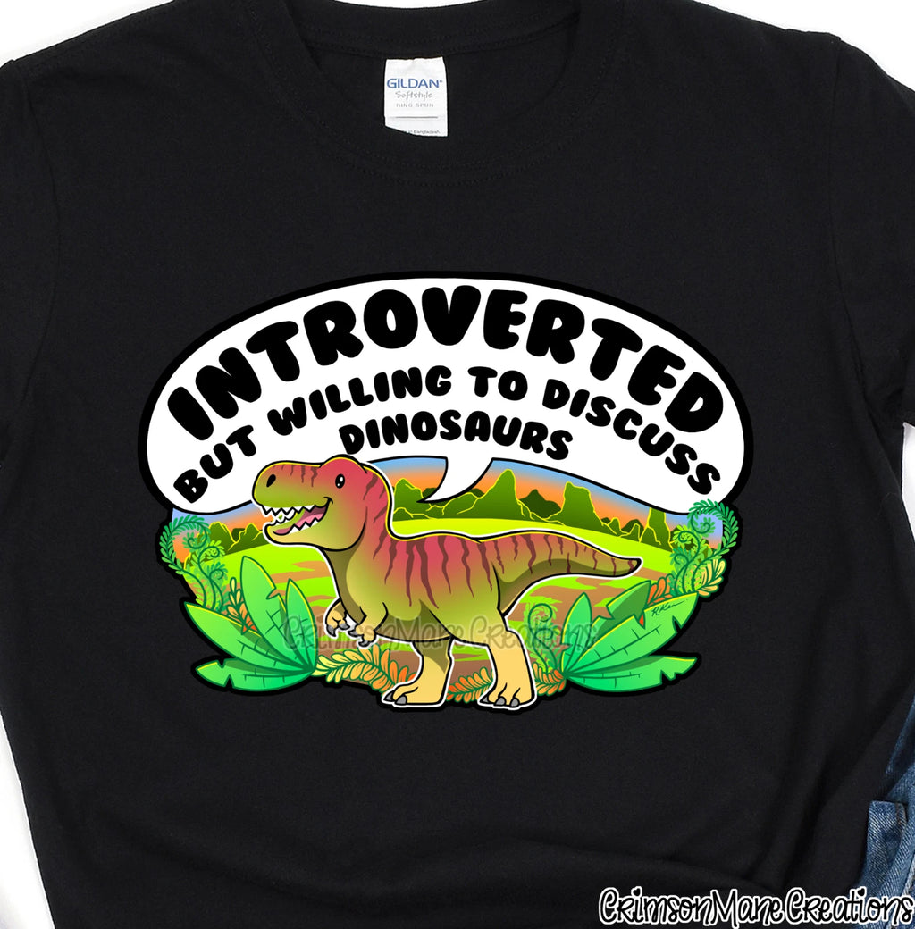 Introvert Discuss Dinosaurs Cotton T-Shirt: T-Rex Design, Kids Ladies Mens Sizes