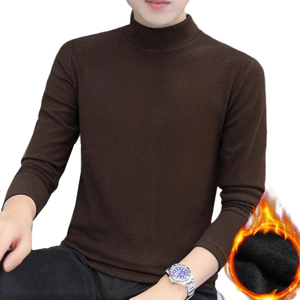 Men Fleece Thermal Underwear Long Sleeve Half High Collar Casual TShirt