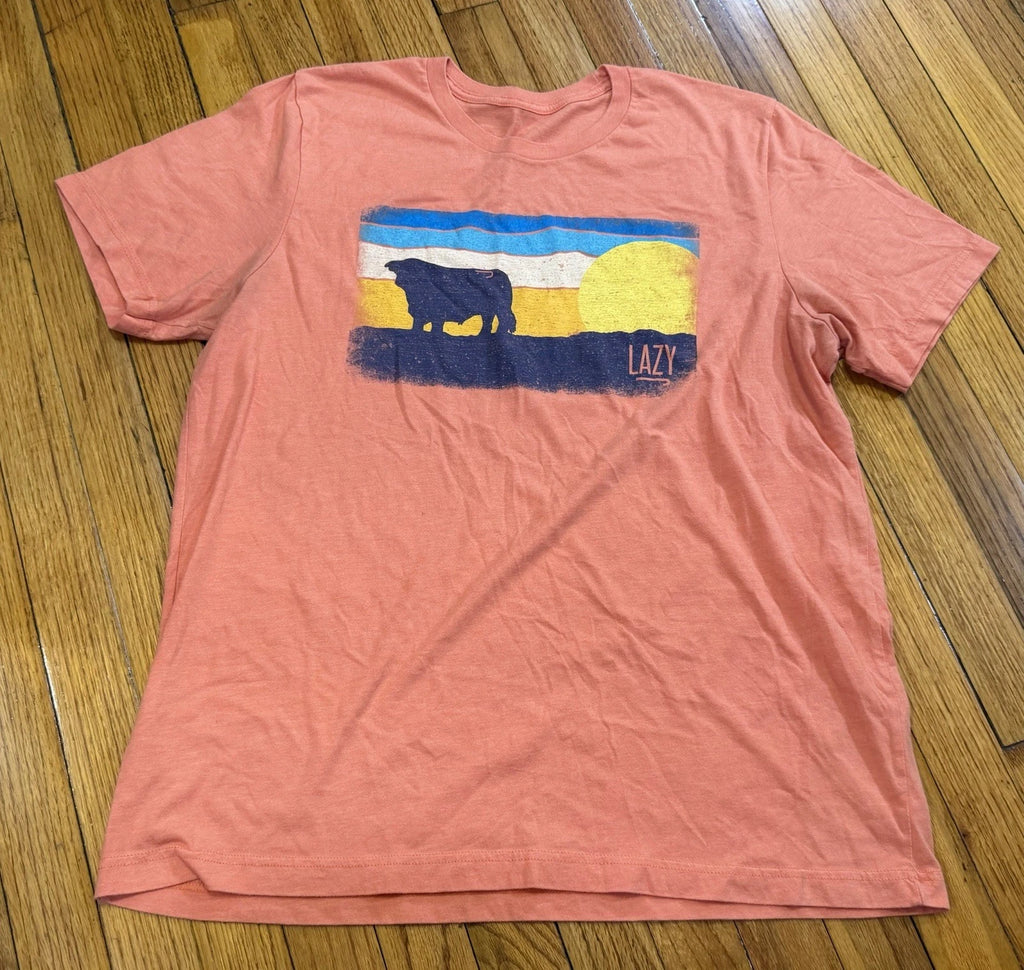 Lazy J Ranchwear Orange T-Shirt Men's Size L "Bull with Sunset"