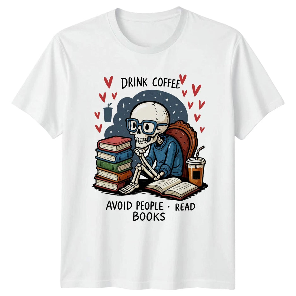 Drink Coffee Avoid People Read Books Reading Coffee Skeleton Unisex Graphic Tee