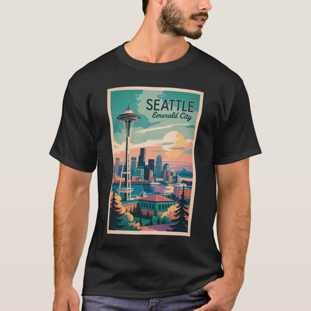 Seattle Washington Skyline Travel Art Vintage