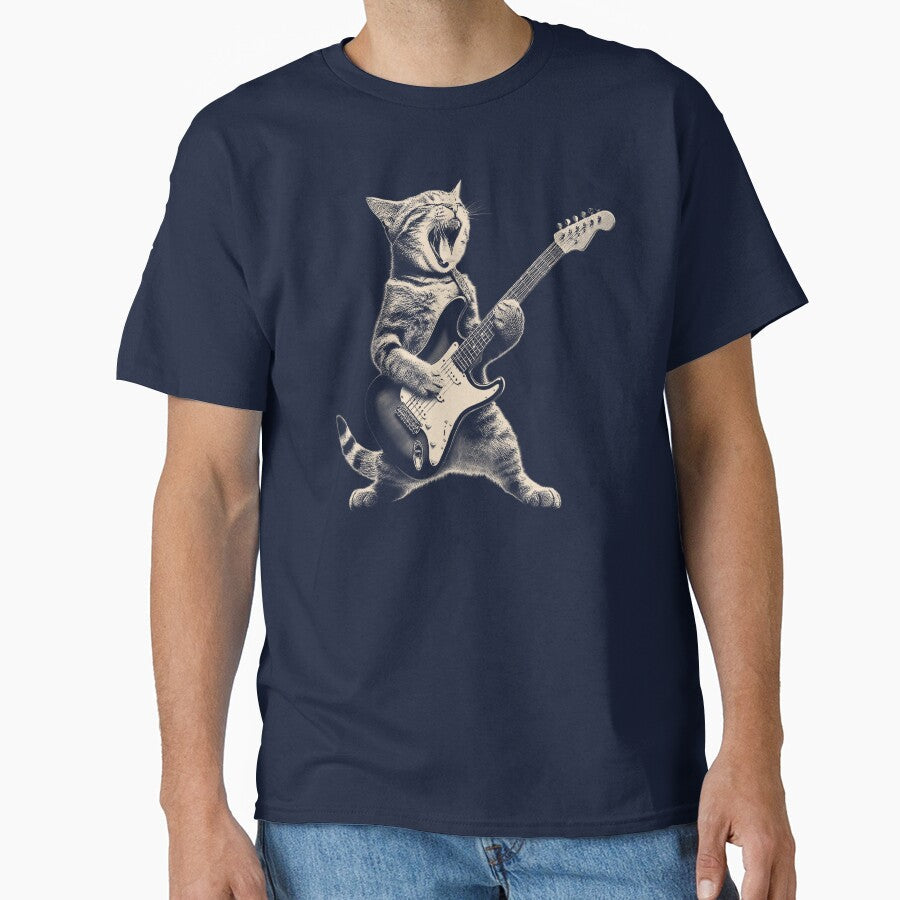 Rock Cat Playing Guitar Shirt,A Funny Guitar Cat , by chipmuckdesignn Unisex , , , Long Sleeve Tee