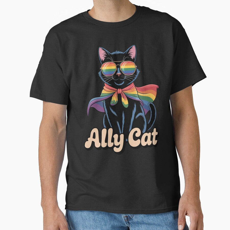 Pride Ally Cat Shirt, Retro Rainbow Colors Cat Ally by DrewLeuschke Unisex , , , Long Sleeve Tee
