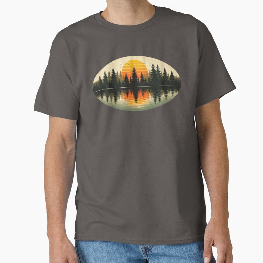 vintage sunset forest lake art by stikrusak Unisex , , , Long Sleeve Tee