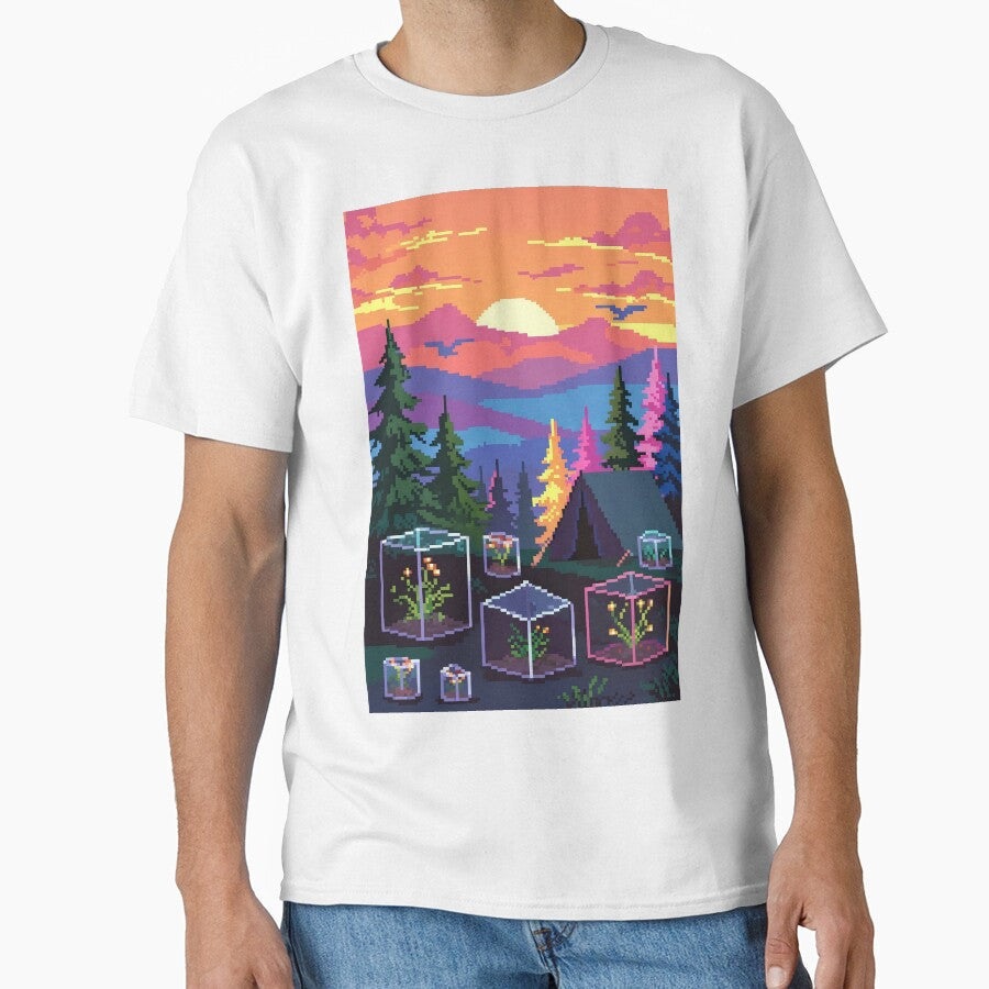 Retro Pixel Sunset Camp with Mini Terrariums by LuxeBuzz Unisex , , , Long Sleeve Tee