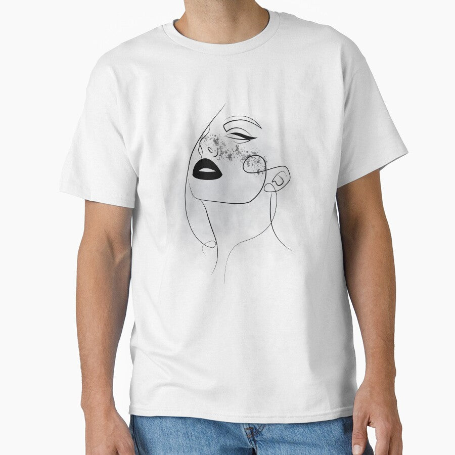 Abstract Line Art Woman with Freckles | Minimalist Black Lips Aesthetic by Hannah-Yei