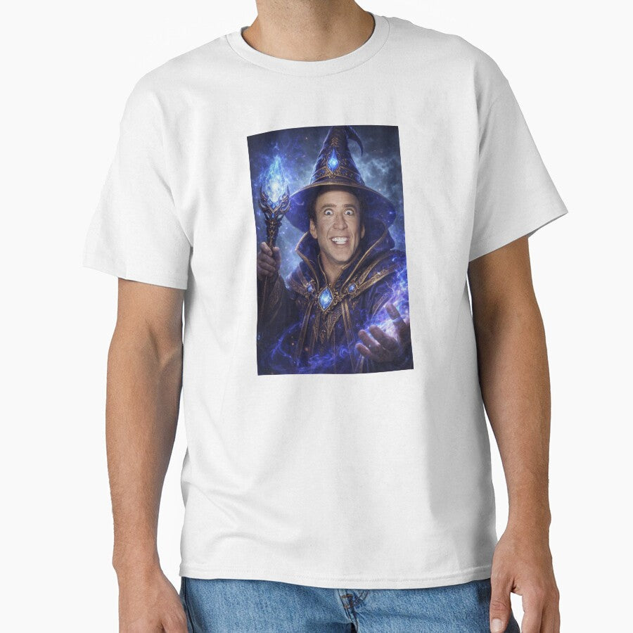 Nicolas Mage Fantasy Wizard Parody Nicolas Cage DnD Funny Wizard Meme by MaxLevelMerch Unisex , , , Long Sleeve Tee