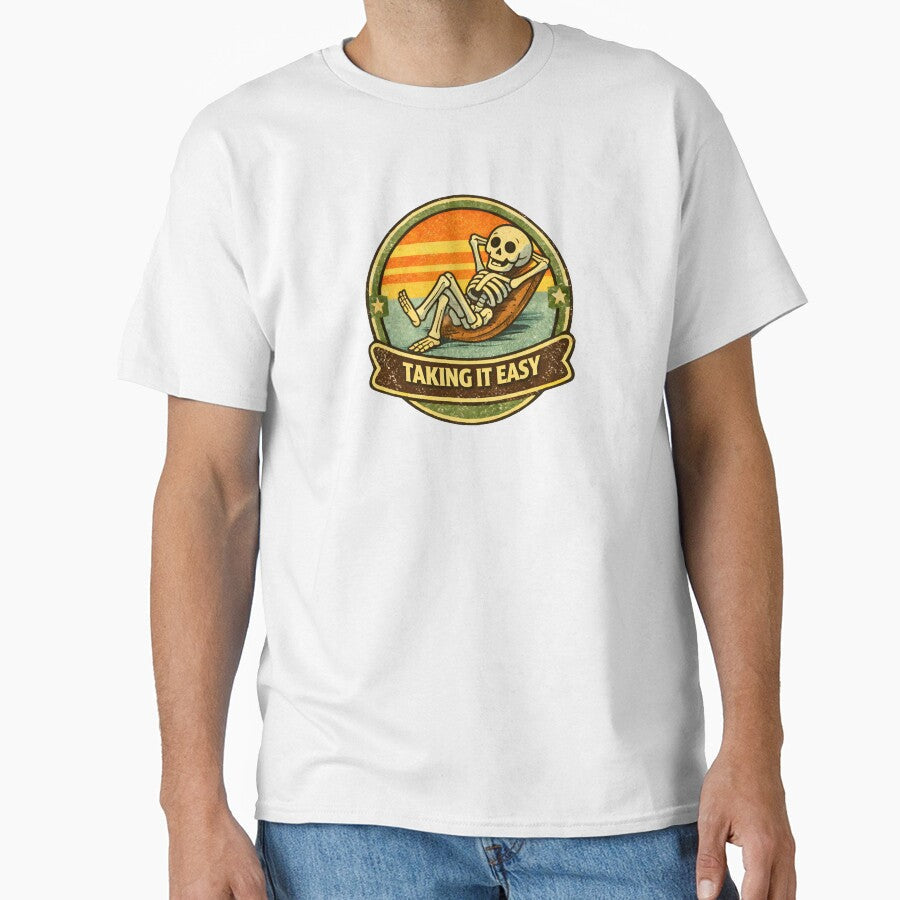 Taking It Easy – Relaxed Skeleton Vintage Cartoon Badge by WorkXPlay Unisex , , , Long Sleeve Tee