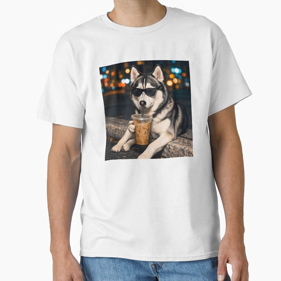 Funny Husky Drinking Iced Coffee by Necesario88 Unisex , , , Long Sleeve Tee
