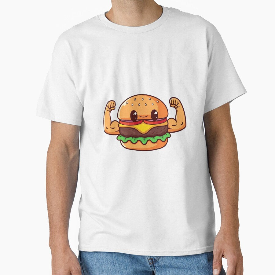 Burger Bicep Flex Funny Chibi Food Workout Design by ColorSplash123 Unisex , , , Long Sleeve Tee