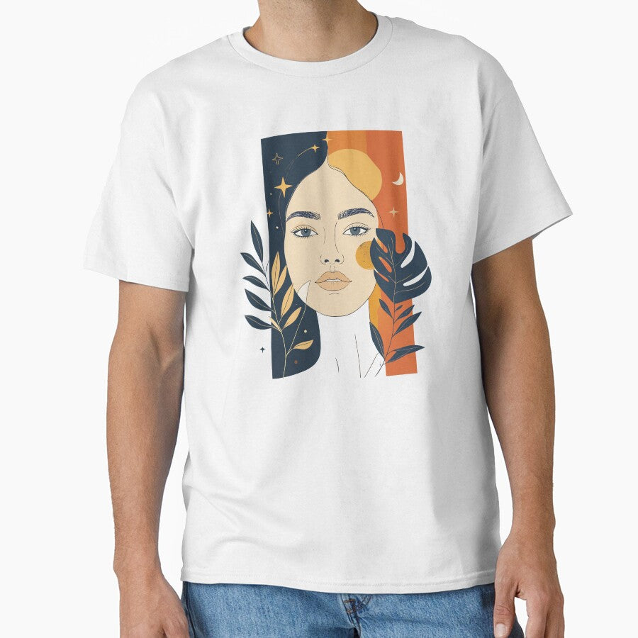 Minimalist Tropical Woman Profile Print - Abstract Mid Century Modern Boho Leaves Art by BestChoiceService