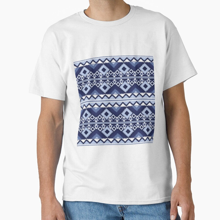 Ikat seamless pattern in blue denim and blue stone, featuring geometric design by zephstudoartist