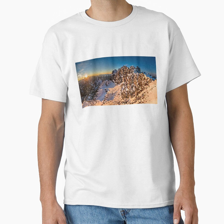 Pixelated Snowy Mountain Sunrise Scene by Potato Quality Prints Unisex , , , Long Sleeve Tee