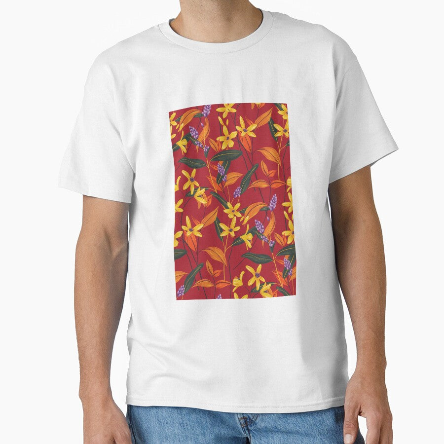 Retro Style Flowers on Red Background by printheavenart