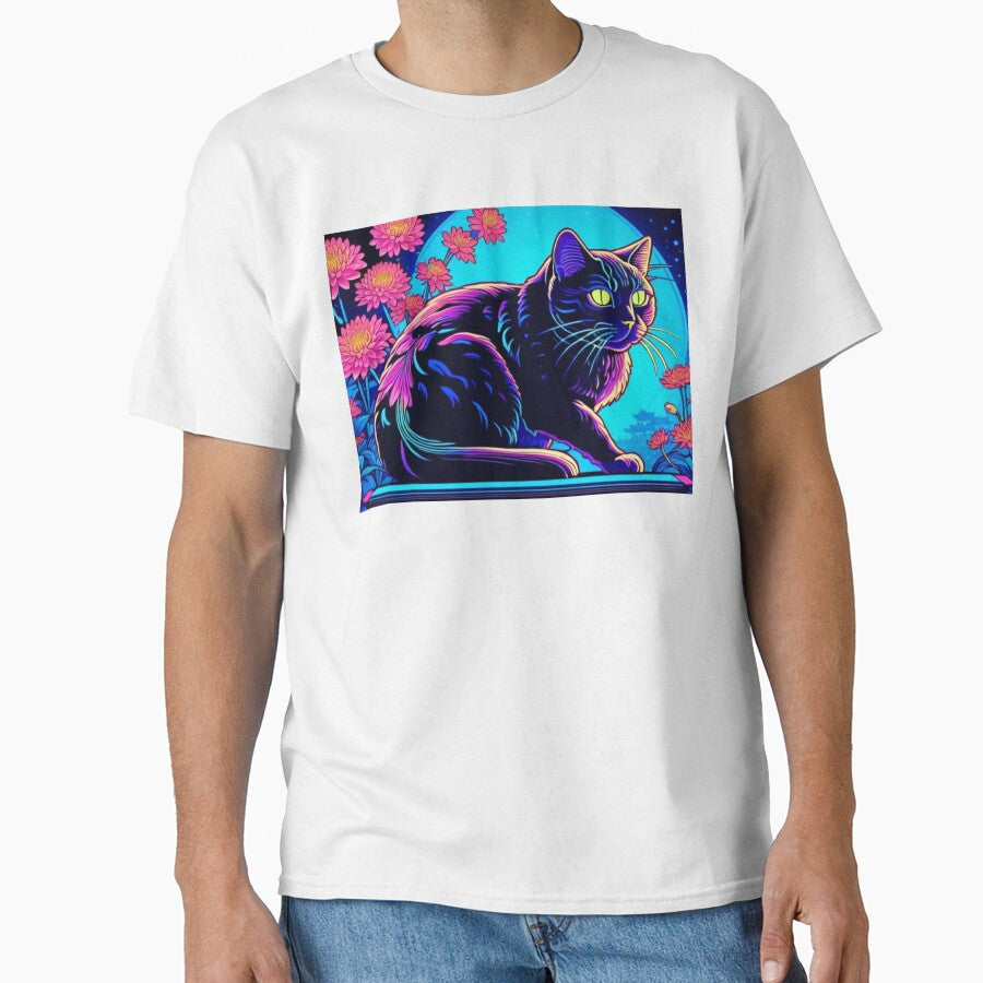 Lunar Cat – Neon Black Cat under a Cyan Full Moon by LEO'S CREATURE　れおずくりーちゃー