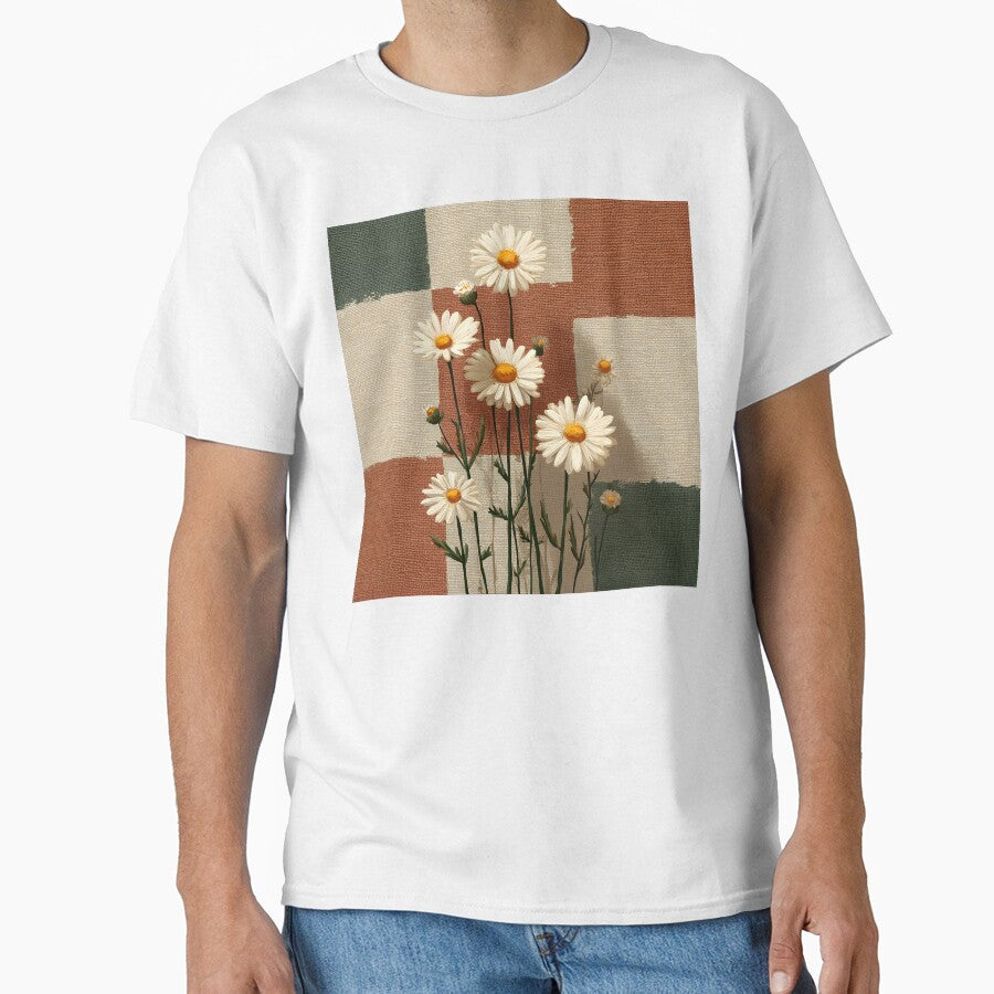 White Daisy on Earth Tone Patchwork Background Neutral Floral Design by daila70