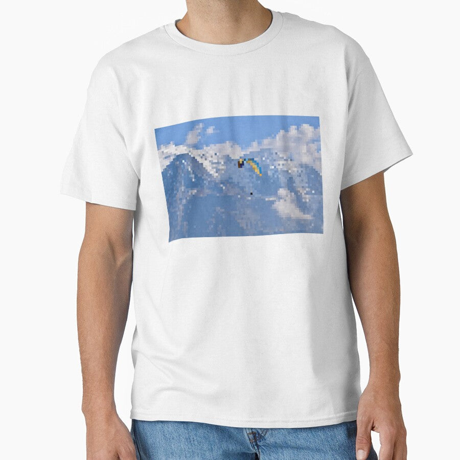 Pixelated Paraglider & Snowy Mountain Scene by Potato Quality Prints Unisex , , , Long Sleeve Tee