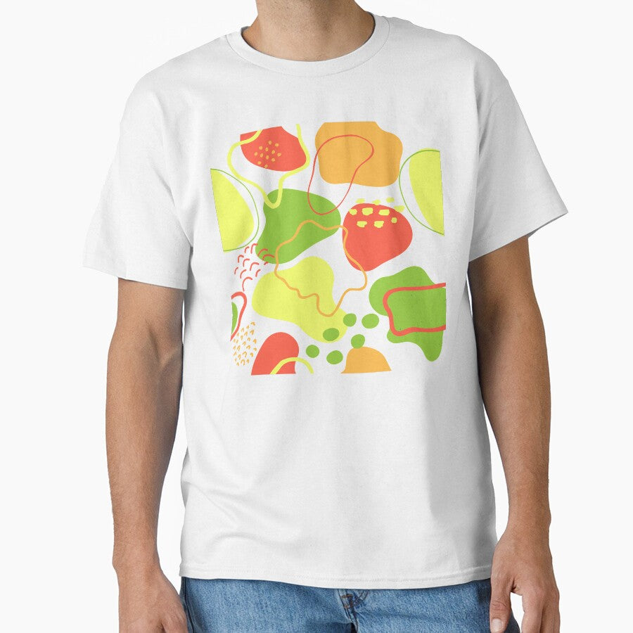 Mid century abstract shapes pattern (pastel red, orange, yellow and green on white background) by Chinxi