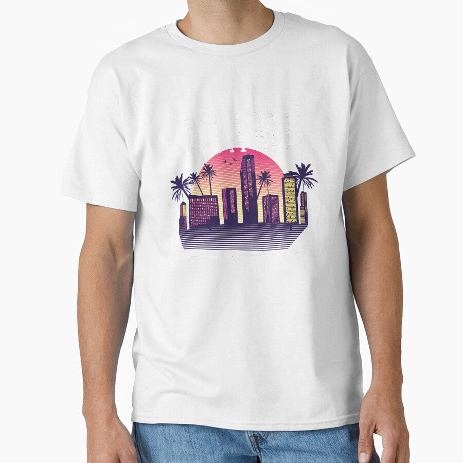 Miami Cityscape Skyscrapers Sunset - 80s Retro Nostalgia by AaaleXX Unisex , , , Long Sleeve Tee