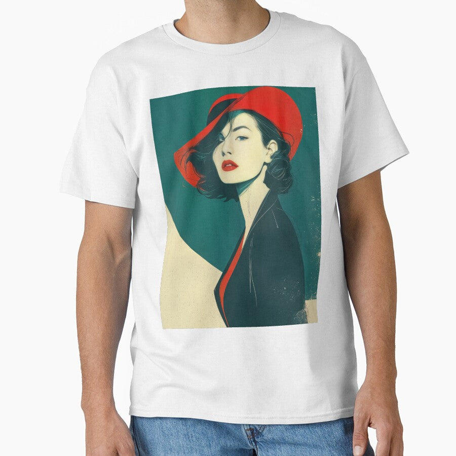 Minimalist Vintage Portrait - Modern Line Art Red Hat Boho Wall Decor by Device VN