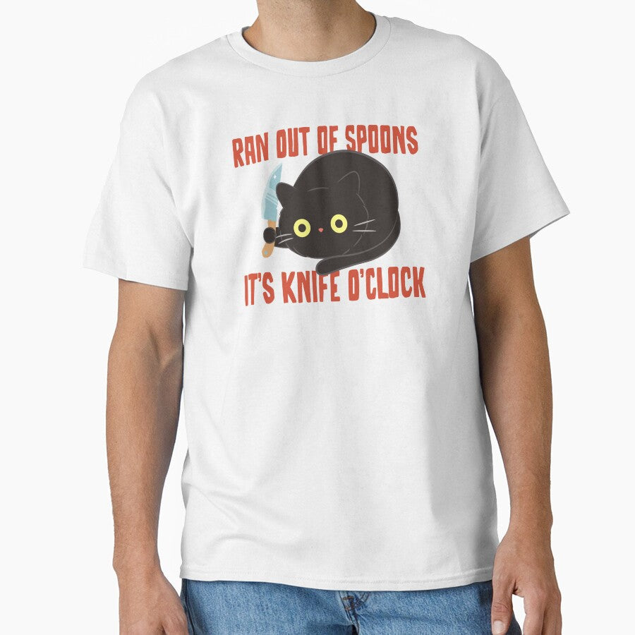 Ran Out of Spoons Knife O'Clock Funny Tees Pins Stickers Magnets Mugs Black Cat Knife Spoonies Chronic Illness Autoimmune Disability Humor Tees Gifts by ChronicillnessT