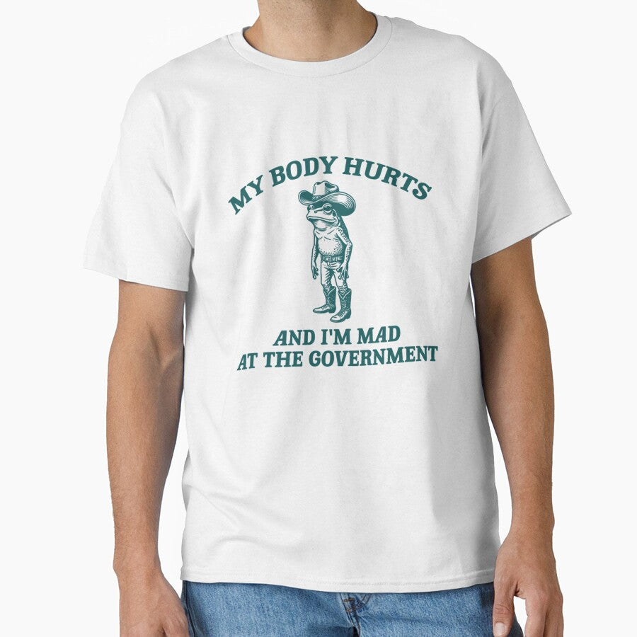 My Body Hurts And I’m Mad At The Government Funny Cowboy Frog Meme by CCChillingfrog Unisex , , , Long Sleeve Tee