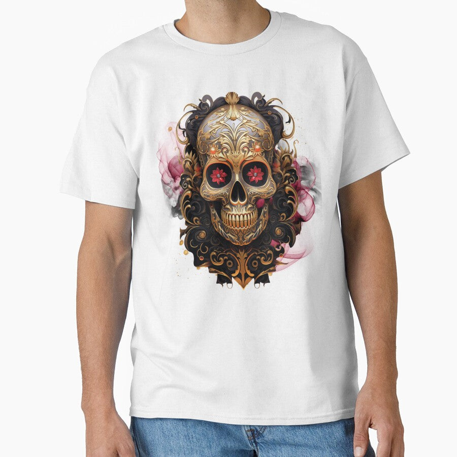Golden Psychedelic skull with flowers as eyes and smokin background by Vindbult