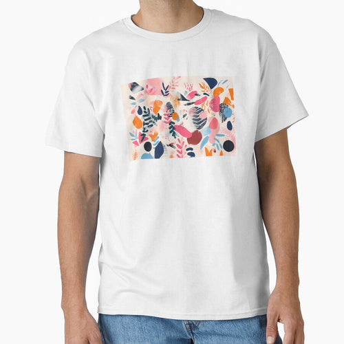 Abstract design featuring bold shapes and vibrant colors, with overlapping patterns of leaves, circles, and splashes in pink, blue, and orange. by Innercosmic