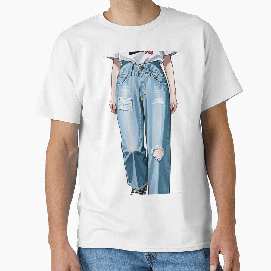Fashion - Casual outfit white tee distressed jeans by AnimeShin Unisex , , , Long Sleeve Tee