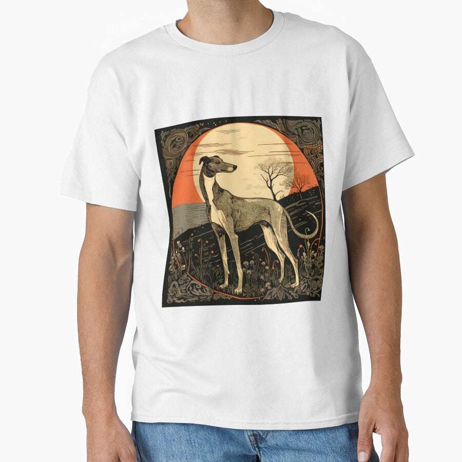 standing whippet dog in romantic vintage woodcut style by WallyPink Unisex , , , Long Sleeve Tee