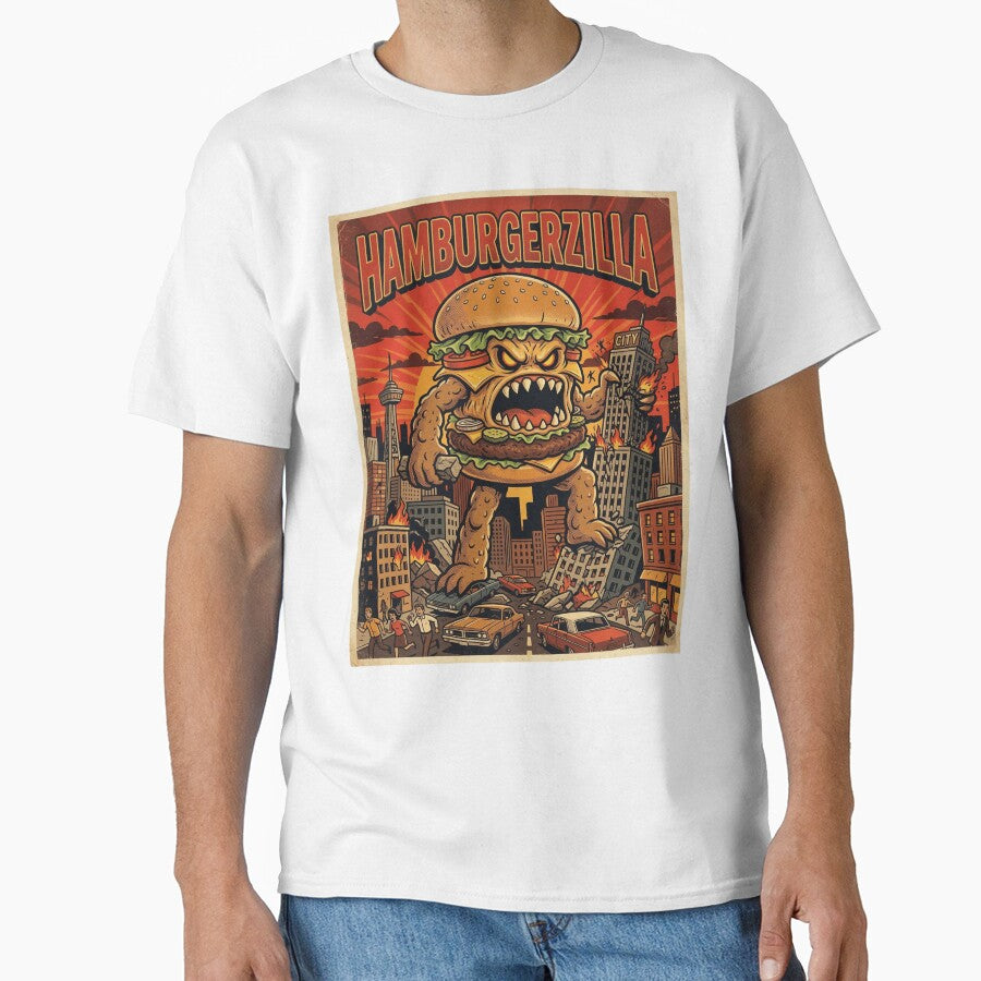 Hamburgerzilla Retro Monster Art Funny Giant Burger Destroying City by d247 Unisex , , , Long Sleeve Tee